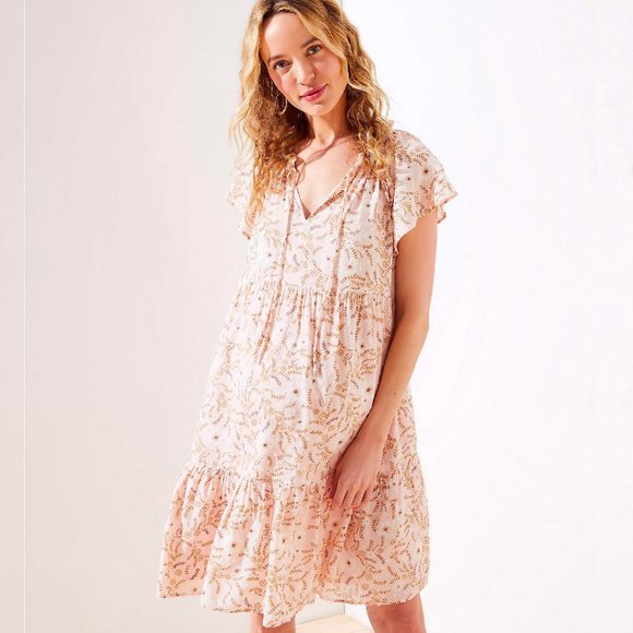 LOFT Dresses & Skirts - LOFT Pink Flowy Drawstring Floral Tiered Short Sleeve Dress - Size Medium - NWT
